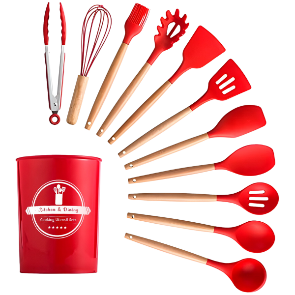 Kit Utensílios Cozinha 12 Peças Silicone Antiaderente (VERME