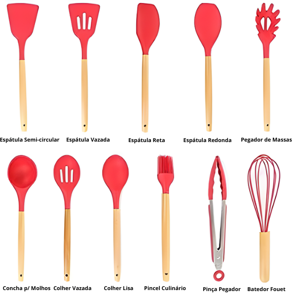 Kit Utensílios Cozinha 12 Peças Silicone Antiaderente (VERME