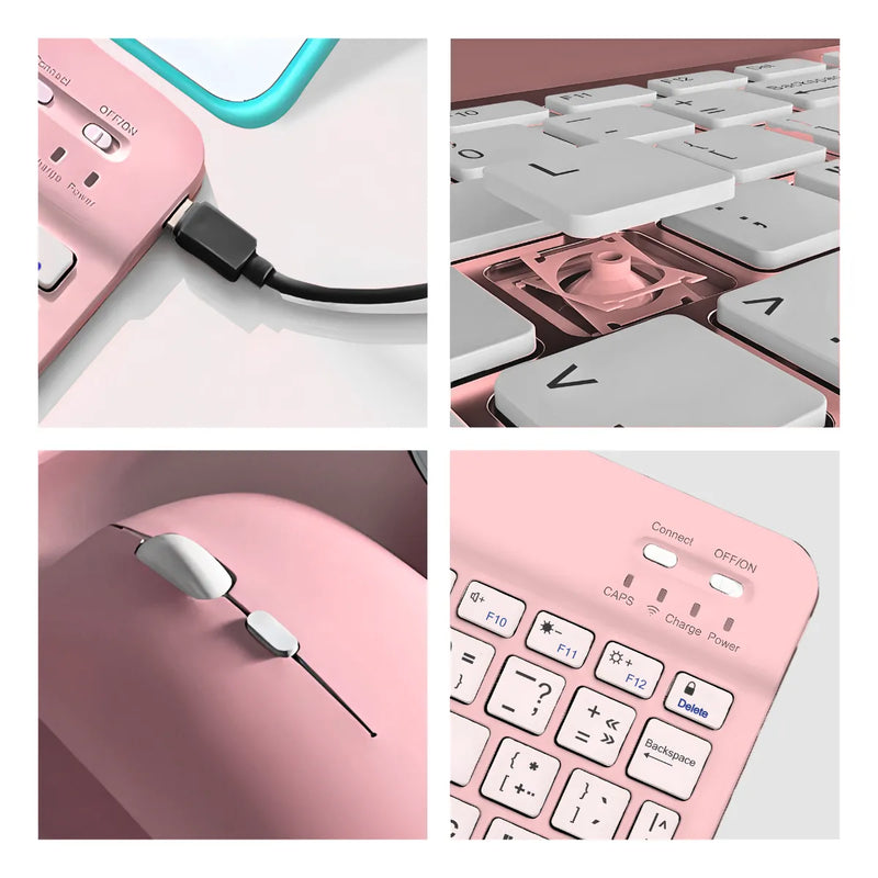 Teclado Sem Fio Bluetooth Recarregável Com Mouse - ROSA