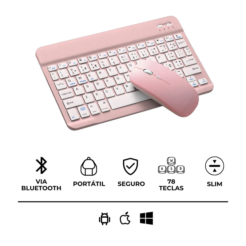 Teclado Sem Fio Bluetooth Recarregável Com Mouse - ROSA